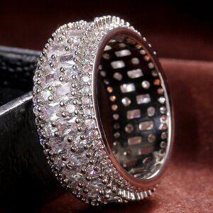 🌸 Perfect Cut Baguette Crystal  Zirconia Fashion Chunky Eternity Ring,UN…